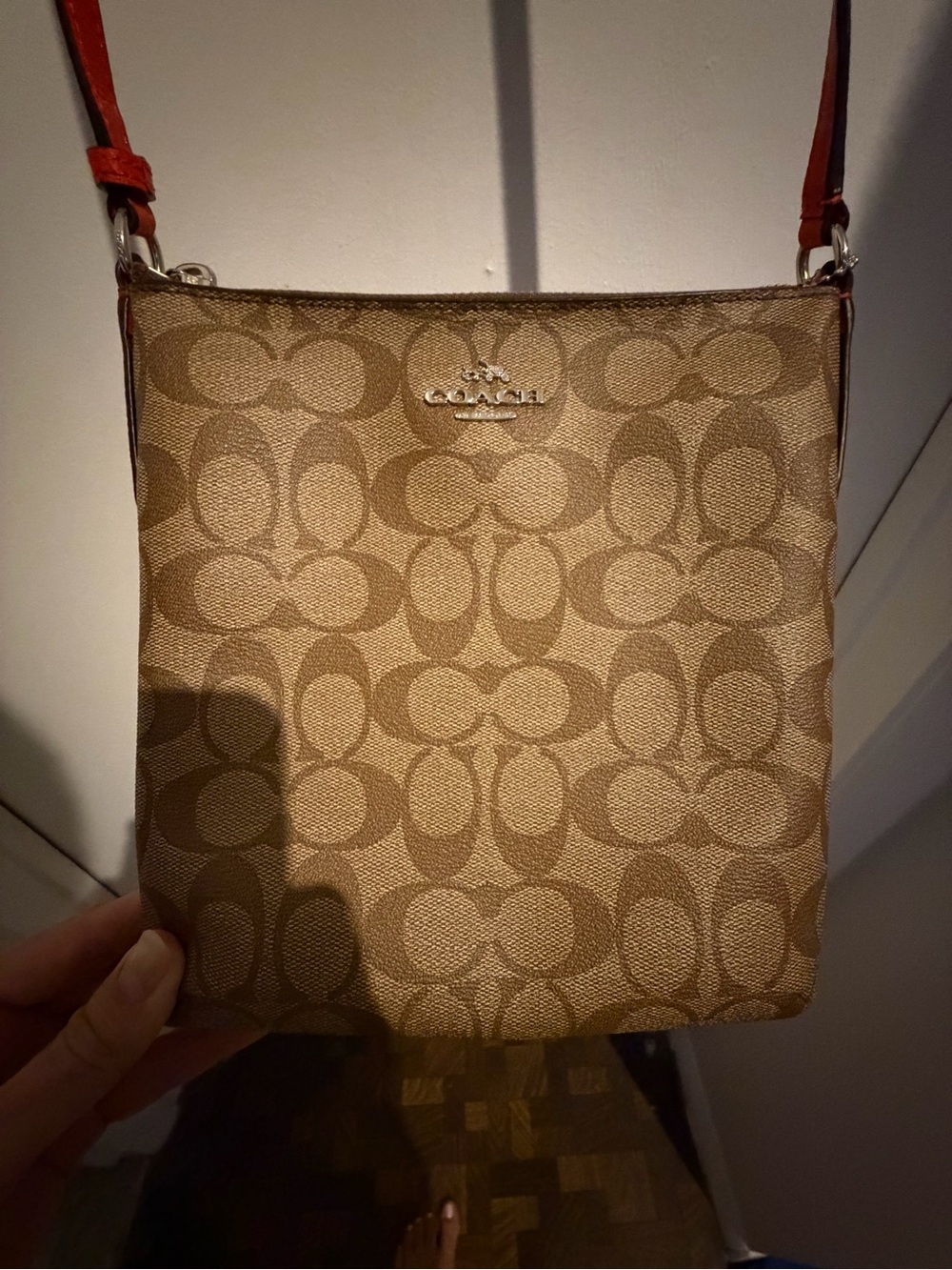 Coach Signature Canvas Crossbody in Brown with Red Strap